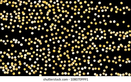 Big Golden Confetti. Texture with Falling Sparkles on Black Background. Dark Luxury Pattern for Christmas and New Year Decoration, Birthday Invitation, Poster or Greeting Card. Vector Gold Confetti.