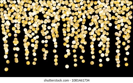 Big Golden Confetti. Texture with Falling Tinsels on Black Background. Dark Luxury Pattern for Christmas and New Year Decoration, Birthday Invitation, Poster or Greeting Card. Vector Gold Confetti.