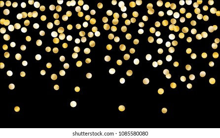 Big Golden Confetti. Texture with Falling Tinsels on Black Background. Dark Luxury Pattern for Christmas and New Year Decoration, Birthday Invitation, Poster or Greeting Card. Vector Gold Confetti.