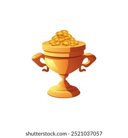 Big golden cup with coins isolated on white background. Award. Prize. Sports tournament, competition. Victory. Achievement, success. Game element. Cartoon style. Vector illustration.