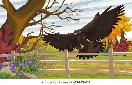 Big golden eagle landing on wooden fence in autumn field with trees and flowers. Realistic vector landscape