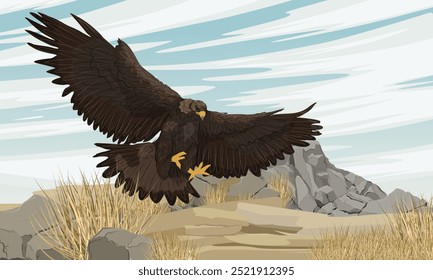 Big golden eagle takes off from rocky dry mountain valley. Realistic vector landscape