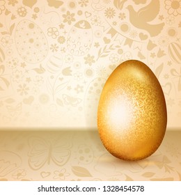 Big golden Easter egg standing on background of flowers, cakes, hare, chicken and other holiday symbols