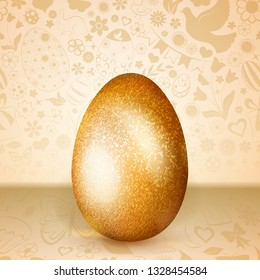 Big golden Easter egg standing on background of flowers, cakes, hare, chicken and other holiday symbols