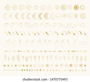 Big golden galaxy bundle with sun, moon, crescent, shooting star, planet, comet, arrow, constellation, zodiac sign, hands. Hand drawn vector isolated illustration.