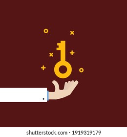 big golden key in cartoon hand like life goal. concept of lifestyle motivation or achievement and mortgage or protection. simple flat style trend modern graphic design element on red background