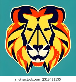 big golden lion logo orange color, long thick hair lion authoritative, brave