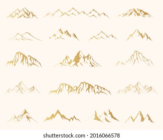 Big golden mountain shape set. Vector isolated illustration with gold rocky mountains silhouettes.