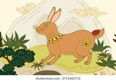 Ein großes goldenes Kaninchen liegt auf dem Boden des Berges. Dies ist ein thailändisches Kunstgemälde in gelber Stimmung.