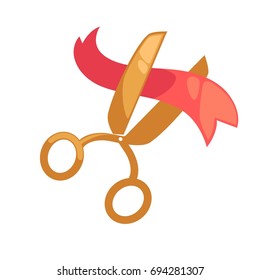 Big golden scissors cuts small red ribbon isolated illustration