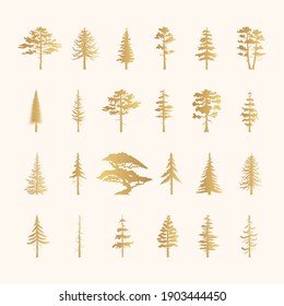 Big golden set of forest trees silhouettes. Vector isoleted gold icons of pine, fir, cedsar, oak. 