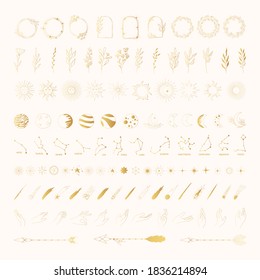 Big golden set of hand drawn space and boho elements. Stars, comets, hands, celestial sun with face, half moon, starburst, constellations, branches, planets, arrows. Gold herb borders.