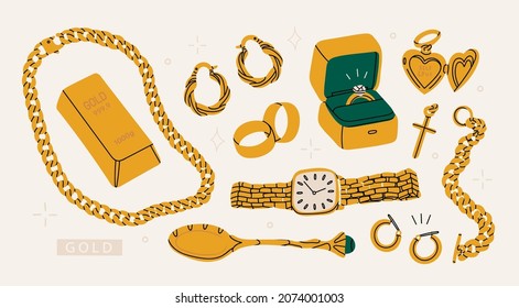 Big Golden set. Precious jewelry concept. Gold bar, earrings, heart shaped locket, engagement wedding rings, wrist watch, golden chain, bracelet, cross, spoon. Hand drawn modern Vector illustration