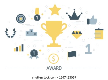 Big golden trophy cup as metaphor of award. Idea of leadership and success. Teamwork achievement. Set of colorful icons. Flat vector illustration