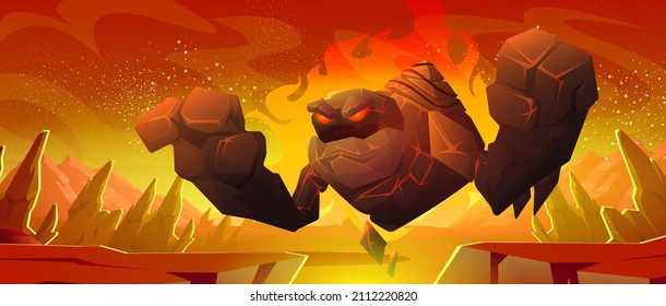 Big golem from stone and lava on alien planet surface. Vector cartoon illustration of fantasy angry giant monster in fire and futuristic space landscape with rocks and crack in ground