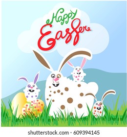 A big good hare and his three cute bunnies collect Easter eggs on the grass