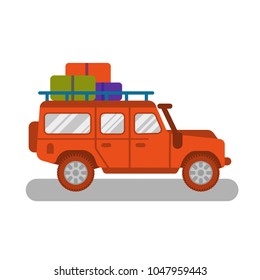 Big good orange safari car auto truck SUV for traveling, travel, family trip on mountains, woods, river, lake, natural holiday, camping outdoor. Modern vector style illustration icon flat design.