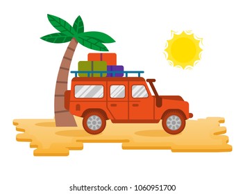 Big Good Orange Safari Car Auto Truck SUV For Traveling, Travel, Family Trip On Beach  Hot Desert In Summer Sea Ocean Holiday, Camping Outdoor. Modern Vector Style Illustration Icon Flat Design.