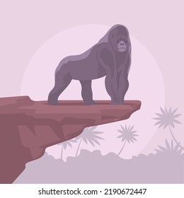 Big gorilla monkey. Standing on a rock. Tropical jungle. Anthropoid primate. Great ape. Wild african animal. Fauna and zoology. Flat vector illustration