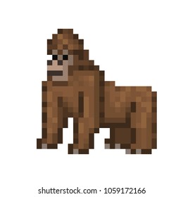 Big gorilla standing on the ground, pixel art character isolated on white background. Wild animal. Old school 8 bit slot machine pictogram. Retro 80s; 90s video game graphics. Zoo/national park monkey