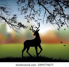 Große Anmut starke Kraft junge Erwachsene rot braunen Huf Tier Kopf Schnauze stehen Rack Jagd Flora Kraut Garten Land Licht bewölkt Landschaft Aussicht. Alte große trockene Öko Blatt Zoo Nebel Szene Kunst Stil Symbol