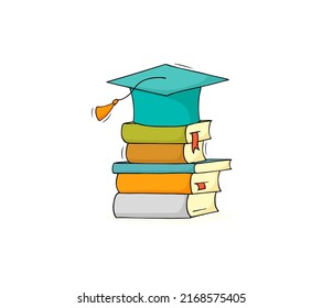 Big Graduation Cap On The Books. Concept Of Education, Academic Degree, Celebration Ceremony In University, High School Or College. Vector Doodle Illustration Of Graduates With Books Stacks