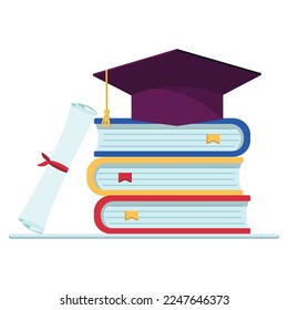 Big graduation cap on the books. Concept of education. Celebration ceremony in university, high school or college. Vector illustration.