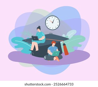 Big graduation hat and students studying on laptops. Girl and boy doing homework flat vector illustration. Online education, graduation concept for banner, website design or landing web page