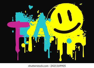 Big graffiti smile emoji. Yellow melting grunge smile. Grunge spray painted smile. Paint streaks vector illustration. Stains and drips.