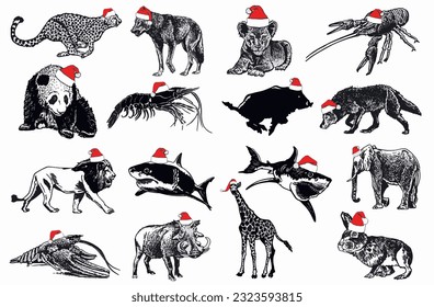 Big graphical set of animals in Santa Claus red hats on white background isolated, Christmas elements. Vector illustration