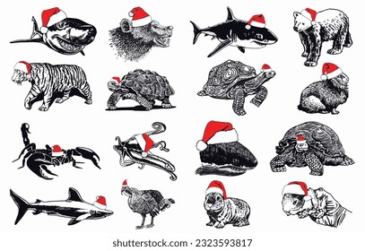 Big graphical set of animals in Santa Claus red hats on white background isolated, Christmas elements. Vector illustration