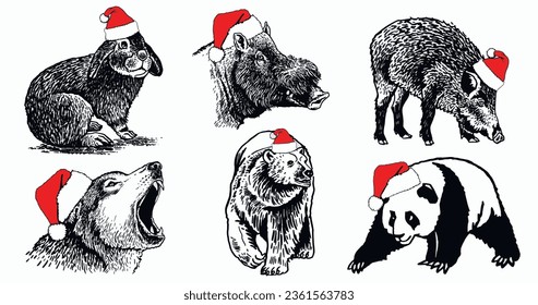 Big graphical set of animals in Santa Claus red hats on white background isolated, Christmas elements. Vector illustration