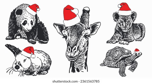 Big graphical set of animals in Santa Claus red hats on white background isolated, Christmas elements. Vector illustration