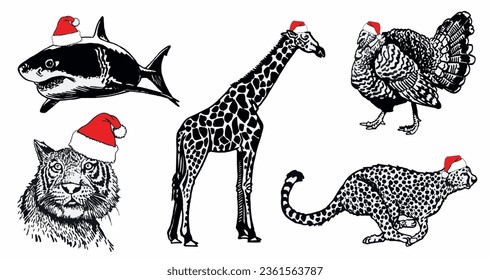 Big graphical set of animals in Santa Claus red hats on white background isolated, Christmas elements. Vector illustration