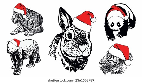 Big graphical set of animals in Santa Claus red hats on white background isolated, Christmas elements. Vector illustration