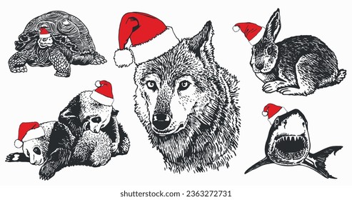 Big graphical set of animals in Santa Claus red hats on white background isolated, Christmas elements. Vector illustration