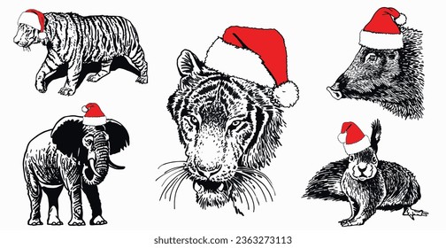 Big graphical set of animals in Santa Claus red hats on white background isolated, Christmas elements. Vector illustration