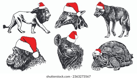 Big graphical set of animals in Santa Claus red hats on white background isolated, Christmas elements. Vector illustration