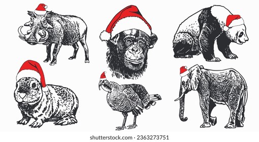 Big graphical set of animals in Santa Claus red hats on white background isolated, Christmas elements. Vector illustration