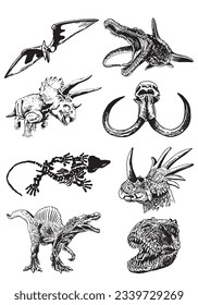 Big graphical set of dinosaurs,skulls and skeletons isolated on white,vector illustration