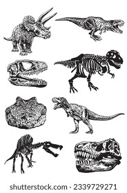 Big graphical set of dinosaurs,skulls and skeletons isolated on white,vector illustration