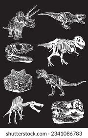 Big graphical set of dinosaurs,skulls and skeletons isolated on black,vector  engraved illustration