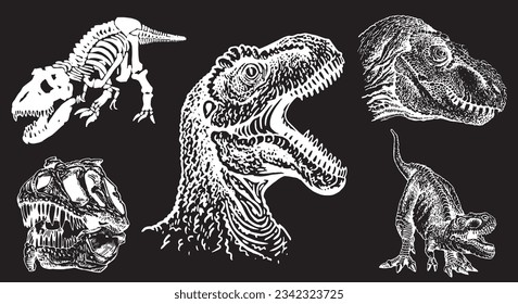 Big graphical set of dinosaurs,skulls and skeletons isolated on black,vector  engraved illustration