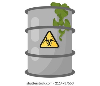 Gran barril gris con un líquido peligroso y un signo de riesgo biológico redondo amarillo. Concepto militar para el ejército y la guerra. Dibujo vectorial aislado.