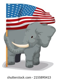 Grosser und grauer Elefant, der mit seinem Stamm eine schwingende amerikanische Flagge hält.
