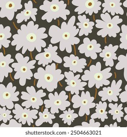 Big gray flowers on dark background, seamless floral pattern for wrapping paper, textile, fabric, clothes. Vector illustration.