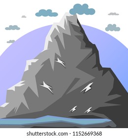 Big gray mountain, Graphic illustration on white background with clouds, vector