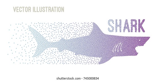 Big gray shark with open jaws. A shark consisting of small dots. Design for a banner, poster, billboard. Element of advertising. A swiftly swimming shark is a side view. Vector illustration