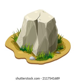 Big gray stone or rock in green grass. Vector illustration of boulder on ground or terrain. game asset. landscape design element of forests, nature, deserts and mountains. clip art. cartoon style.