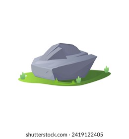 Big gray stone rock lying on green lawn flat style, vector illustration isolated on white background. Decorative design element, natural and organic material